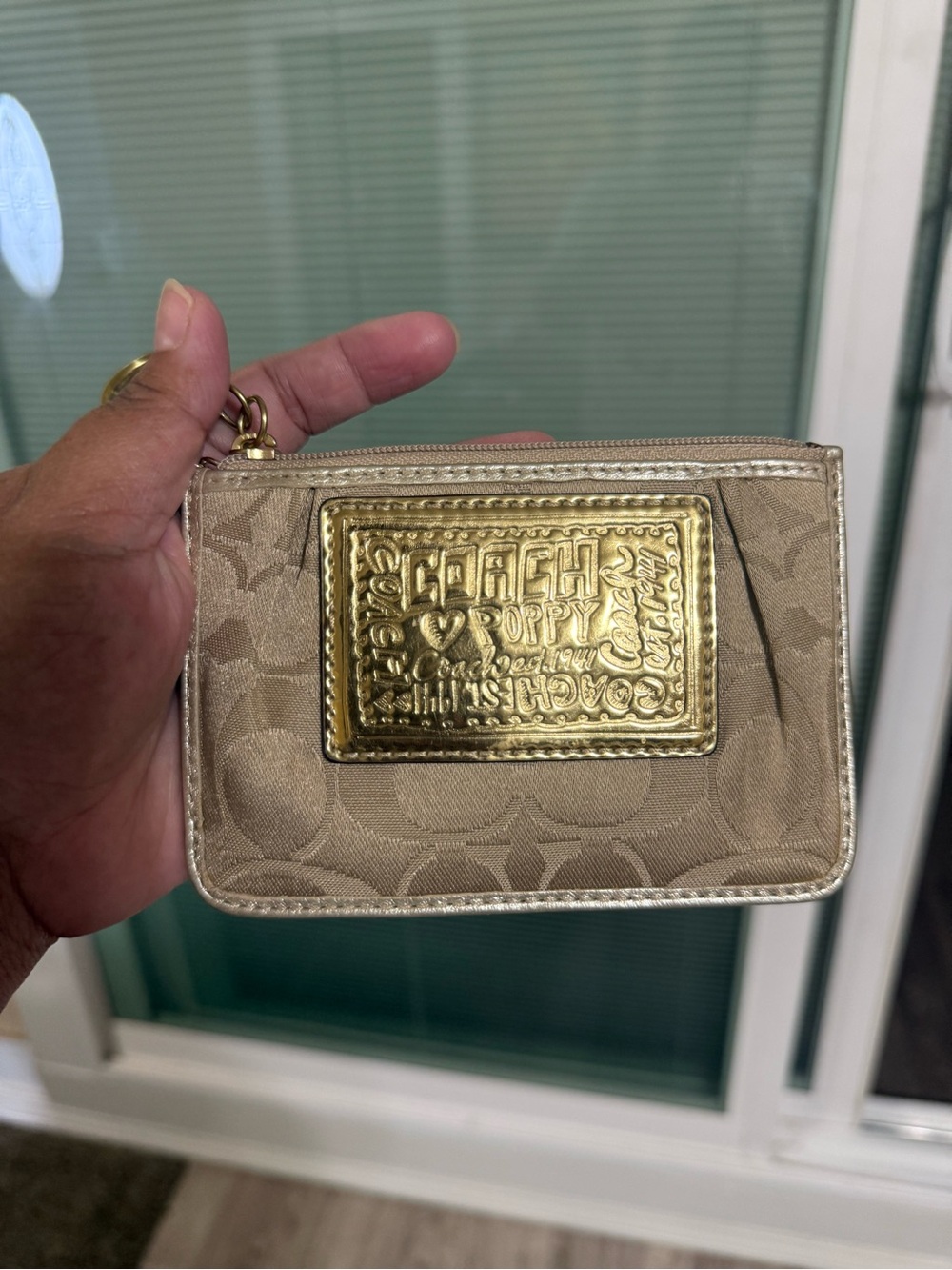 Coach Taupe Signature Wristlet with Gold Plaque
